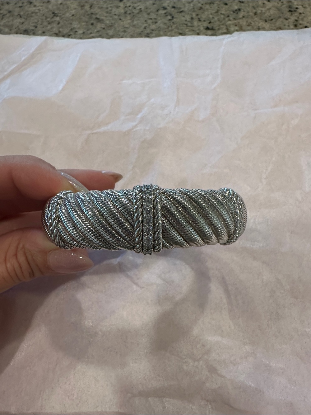 Judith Ripka Sterling Silver CZ Diamonique Wide Cable Twist Hinged Cuff Bracelet